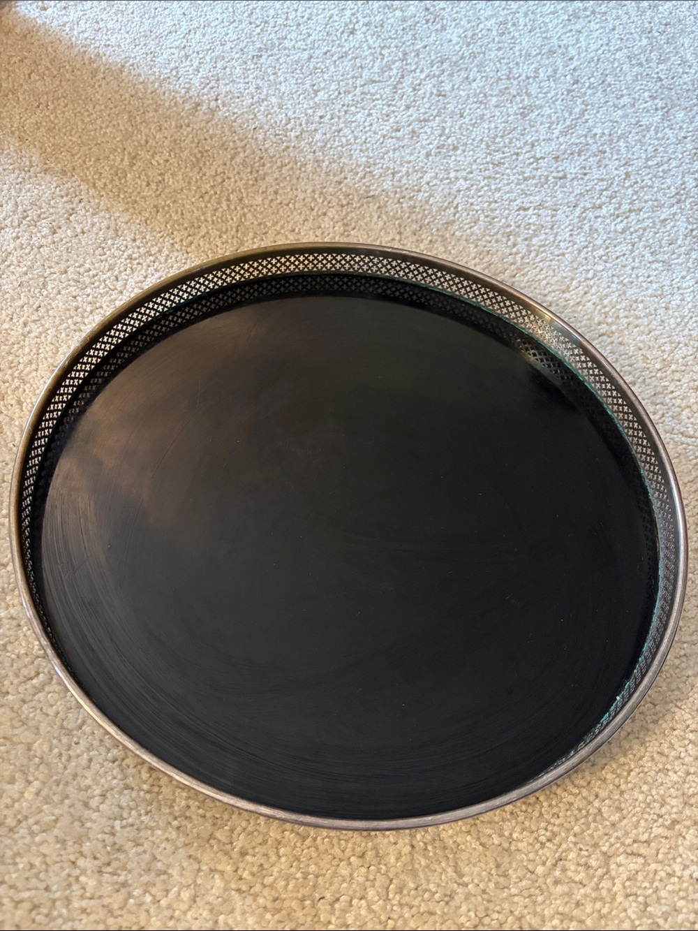 Formica Vintage Round Silver Metal Serving Tray w/ Decor Rim Mid Century Modern